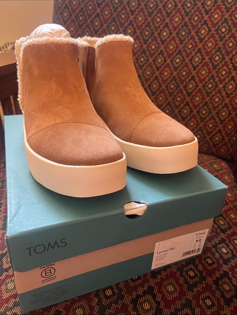 TOMS Verona Mid Tan Suede Ankle Booties with Faux Shearling Trim
